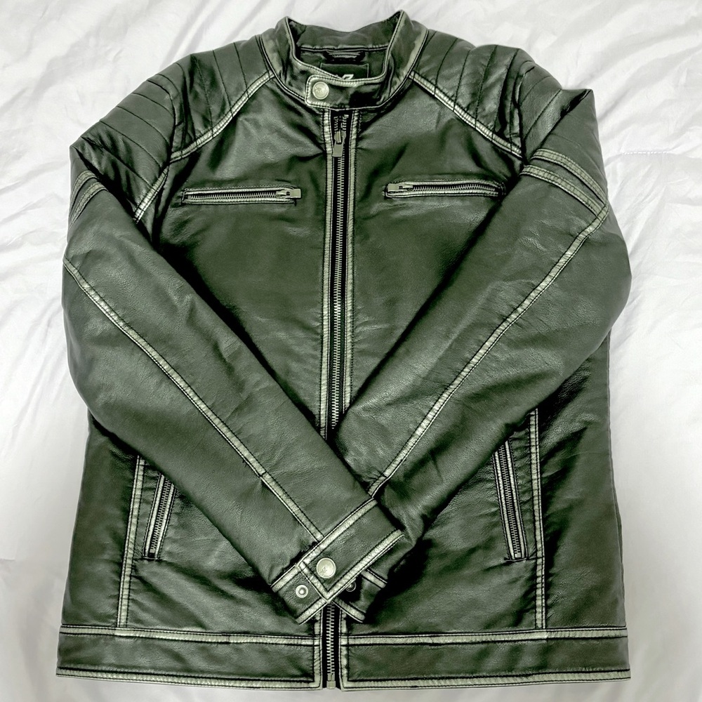 X Ray XR Jeans Faux Leather Pleather Moto Style Men’s Coat Jacket Grey Silver